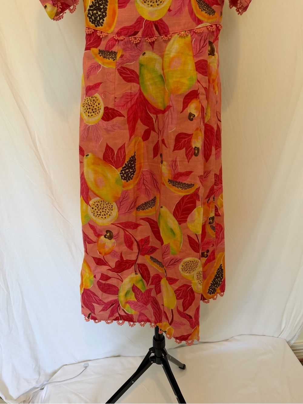 Farm Rio Pink Tropical Fruit Print Linen Blend Midi Dress XS Puff Sleeve READ - Picture 12 of 14